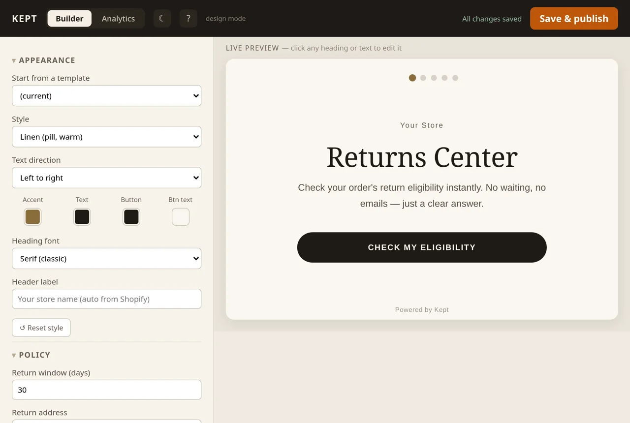 Kept returns builder interface